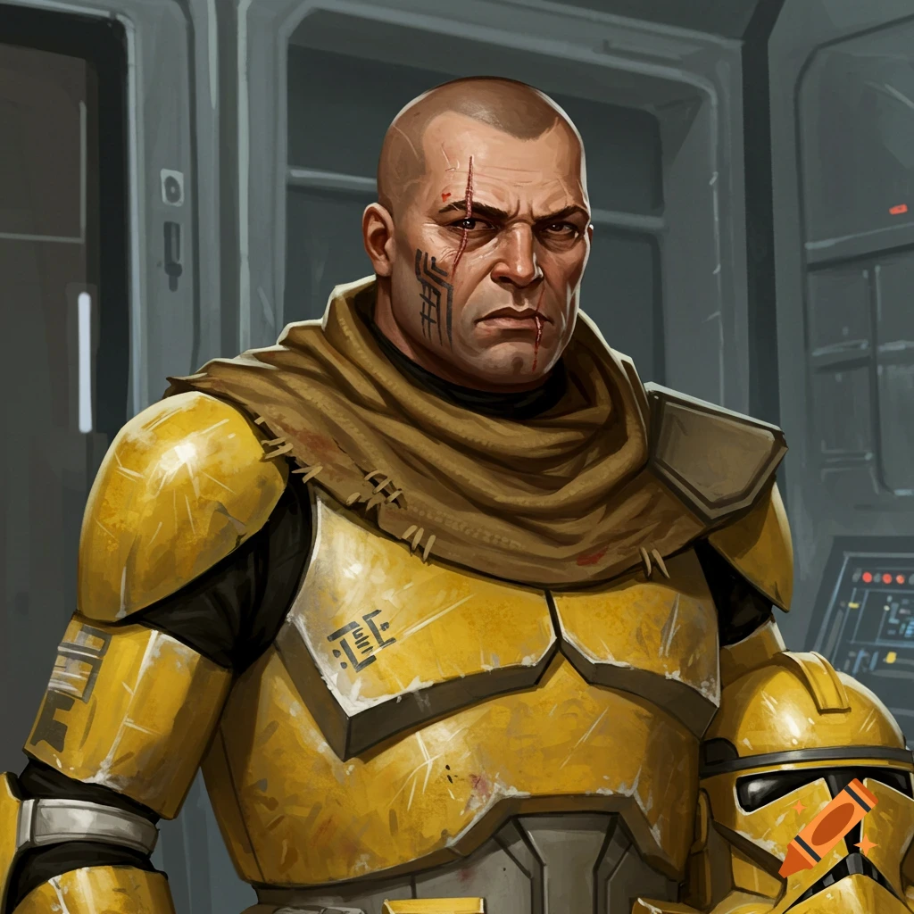 A bald clone trooper with facial scars and a tattoo wears yellow armor and a brown scarf, holding a yellow stormtrooper helmet.