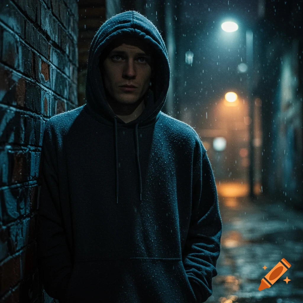 A man in a dark hoodie stands in a rainy alley at night, leaning against a brick wall under streetlights.