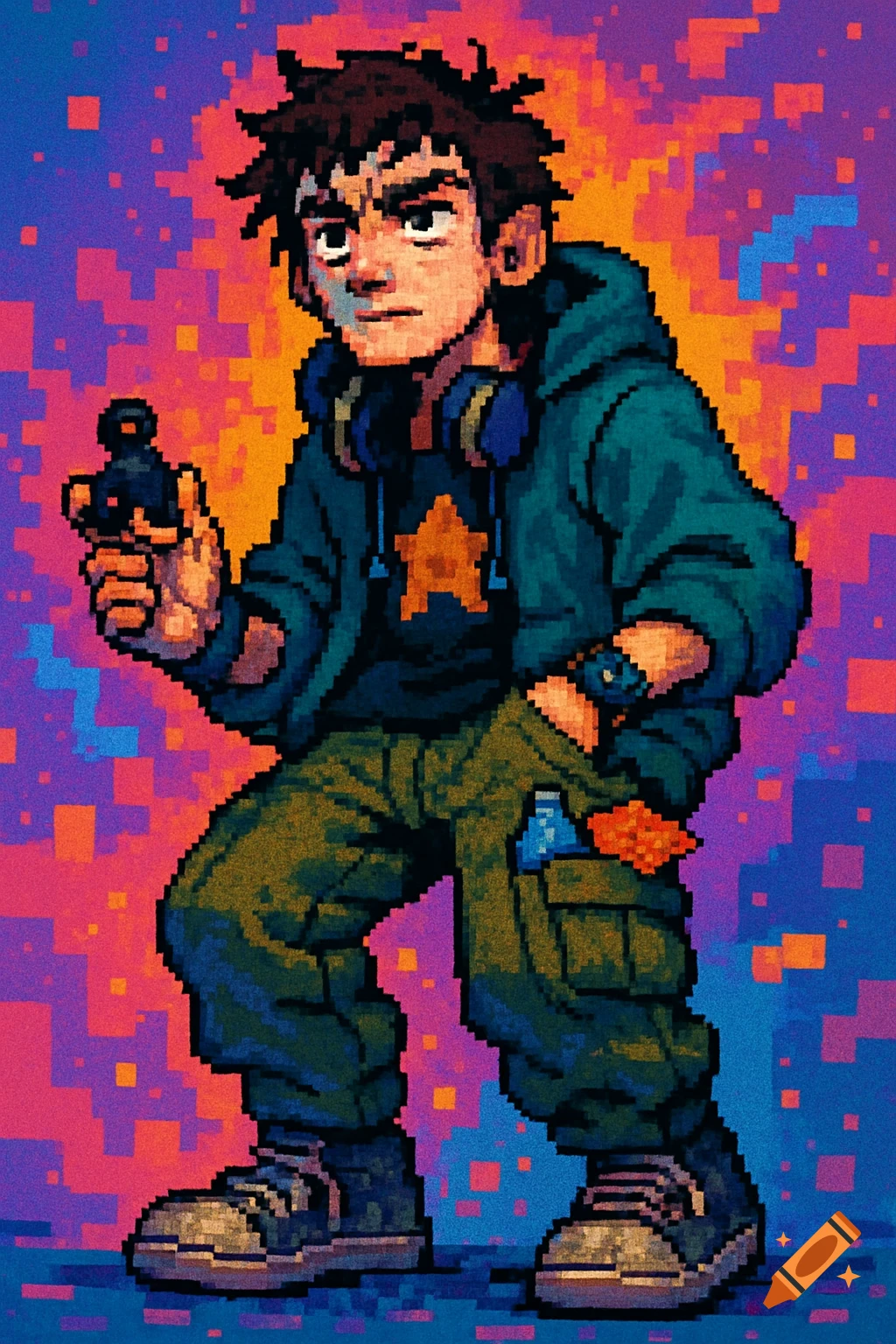A pixel art portrait of a young male gamer in a teal hoodie and cargo pants, with headphones around his neck, holding a small dark object, against a vibrant pixelated background.