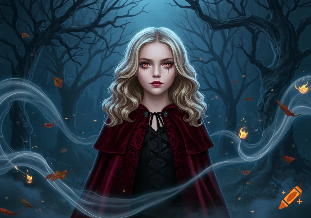 A young woman with blonde wavy hair and red eyes, wearing a dark red cloak, stands in a dark, spooky forest with swirling mist and glowing embers.