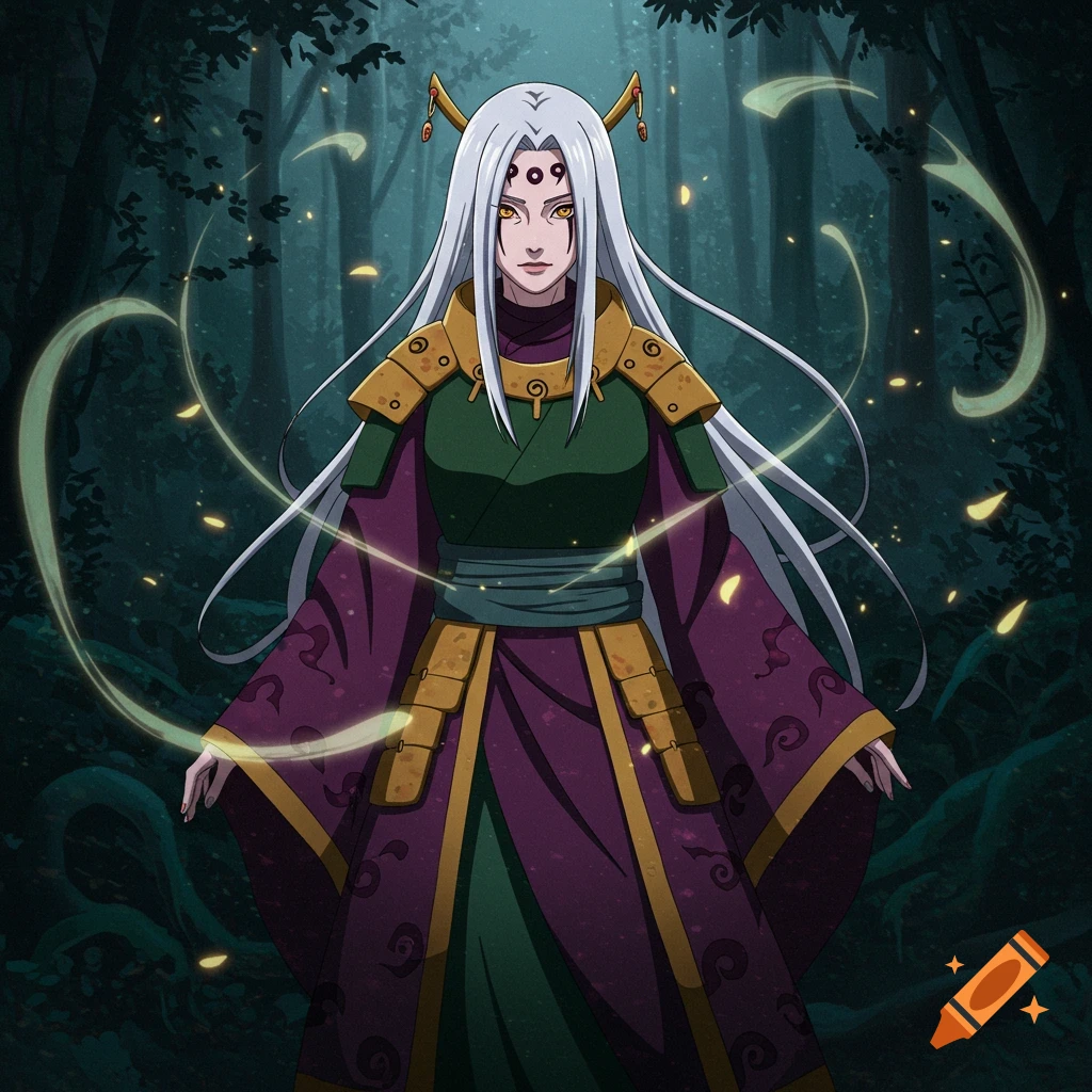 Anime woman with long white hair, yellow eyes, and forehead markings, in a green and purple robe, stands in a dark forest.
