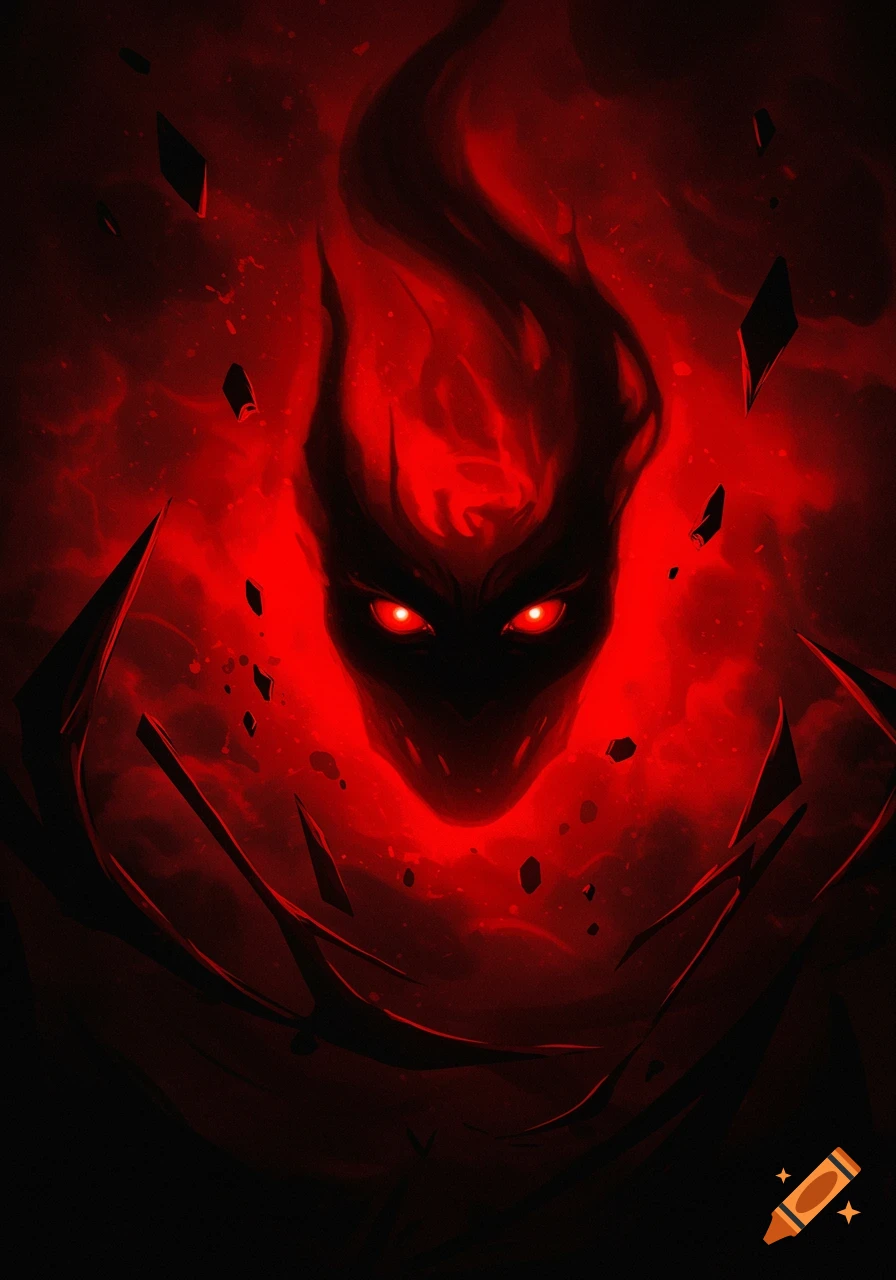 An ominous, shadowy figure with glowing red eyes engulfed in a vibrant red aura, against a dark, abstract background with floating fragments.