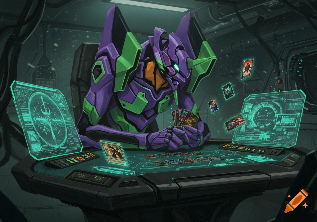 Purple and green Eva 1 mech playing Magic the Gathering in a futuristic control room, holding cards and looking at a holographic table.