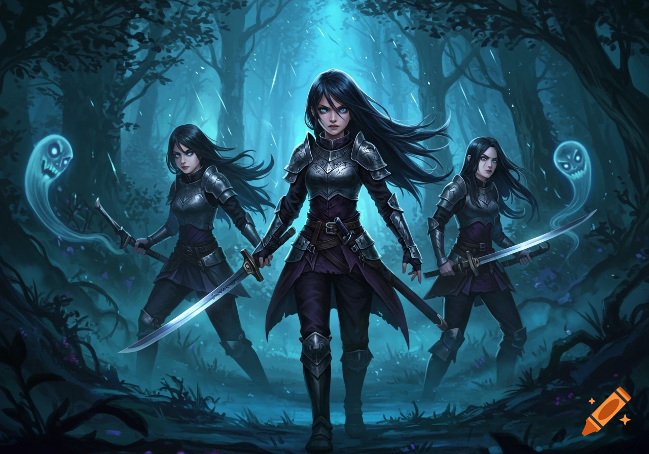 Three dark-haired, blue-eyed female demon hunters in armor with swords stand in a misty, dark forest with two floating spectral skulls.