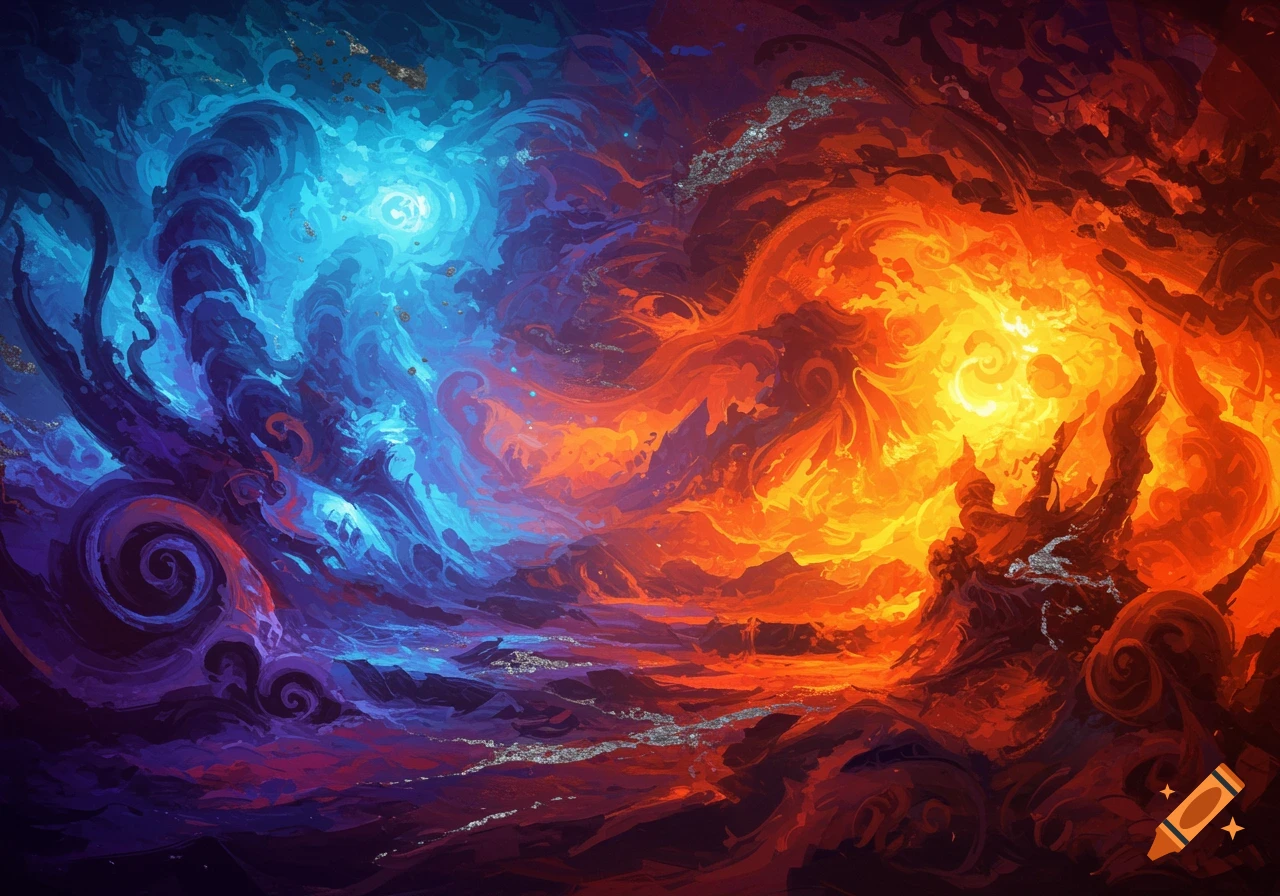 An abstract, vibrant image split between swirling blue and purple on the left, and fiery orange and red on the right, with shimmering silver accents.