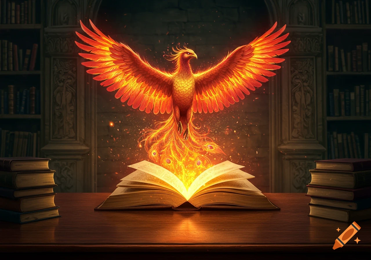 A fiery phoenix emerges with outstretched wings from an open, glowing book on a desk in a magical library setting.