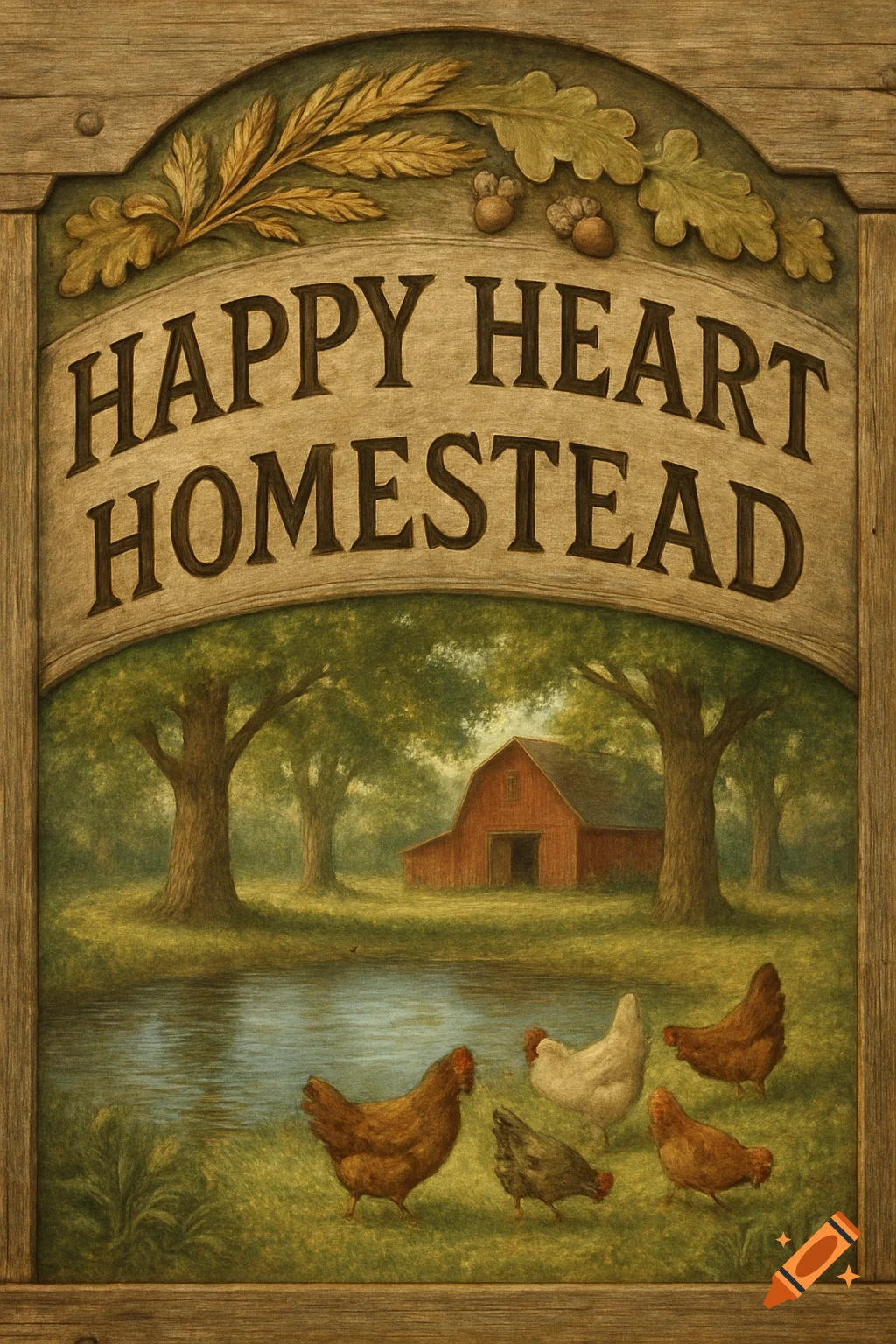 A painted sign for "Happy Heart Homestead" depicting a red barn by a pond with chickens in front.