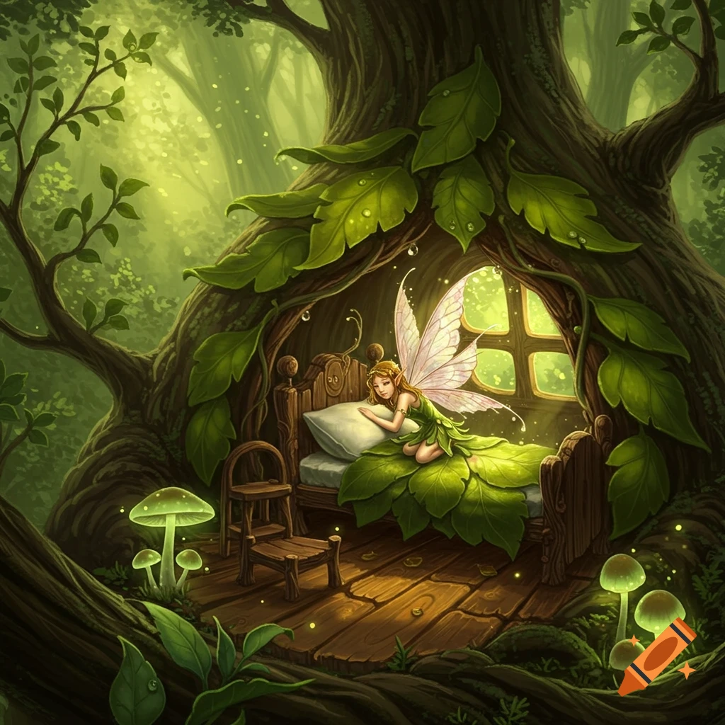 A whimsical illustration of a fairy with wings waking up in her bed made of leaves inside a cozy treehouse in a glowing forest.