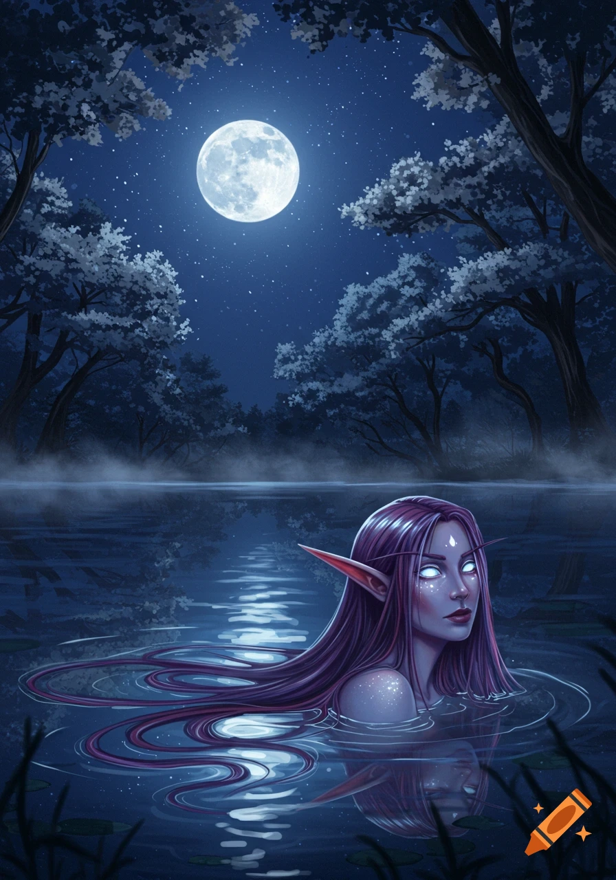 A female elf with long purple hair, glowing white eyes, and pointed ears submerged in a moonlit lake at night, surrounded by a misty forest.