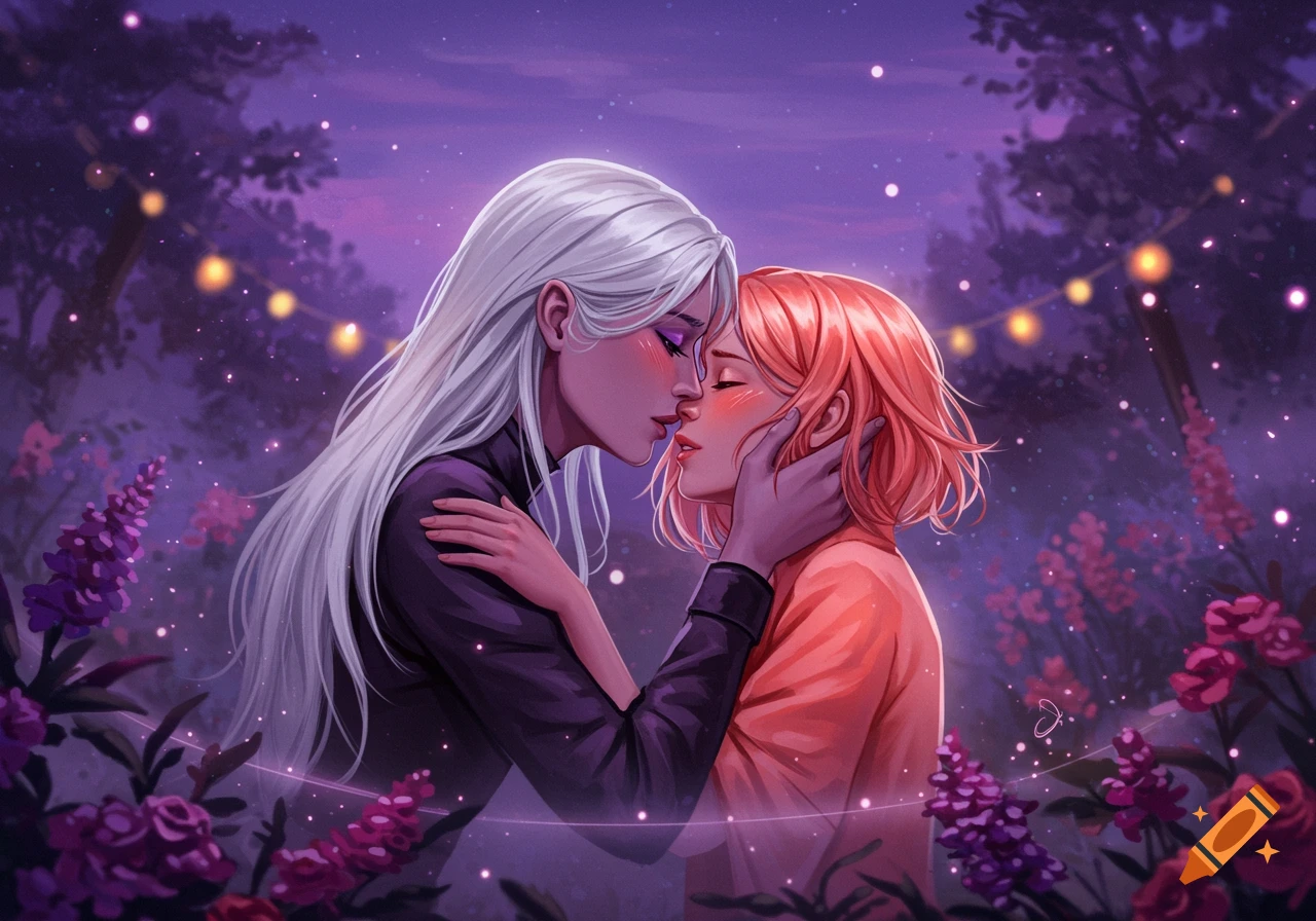 Two women, one with white hair and one with red, kiss in a magical purple garden at night with glowing lights and flowers. Digital art.