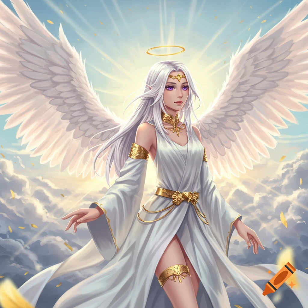 A beautiful white-haired angel with purple eyes, white wings, and a flowing white dress with gold accessories stands among clouds.