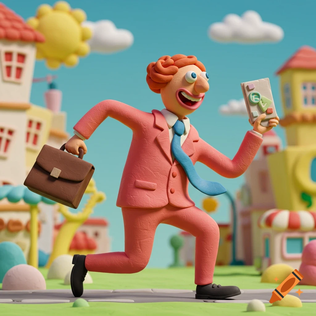 A claymation-style man in a pink suit runs through a colorful cartoon town, carrying a briefcase and a small book.