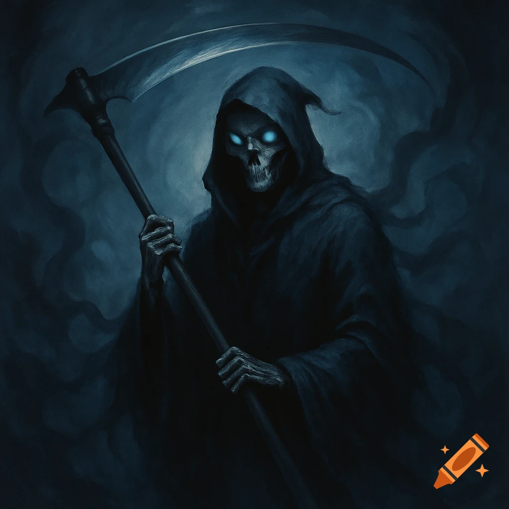 A dark fantasy art depiction of the Grim Reaper, a skeletal figure in a hooded robe with glowing blue eyes, holding a large scythe.