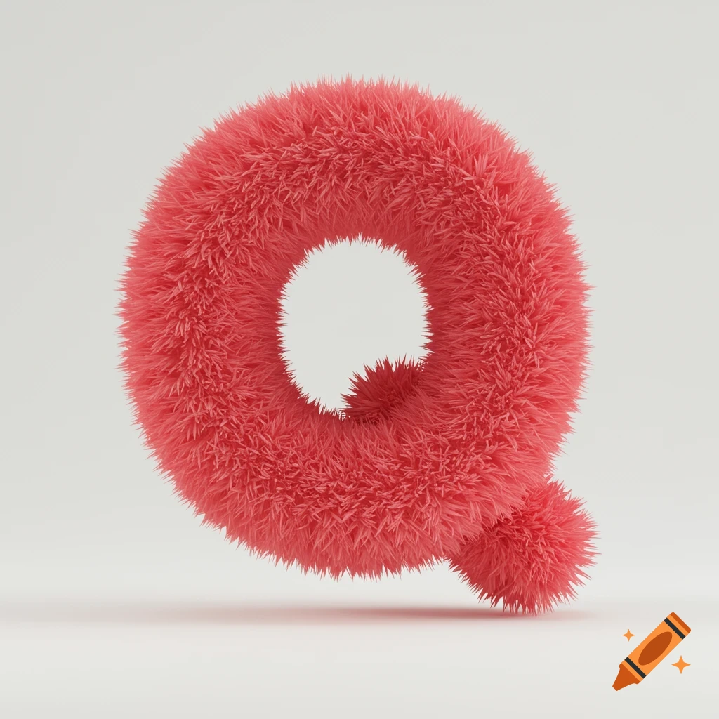 A fluffy, pink, 3D letter Q stands on a white background with a soft shadow.