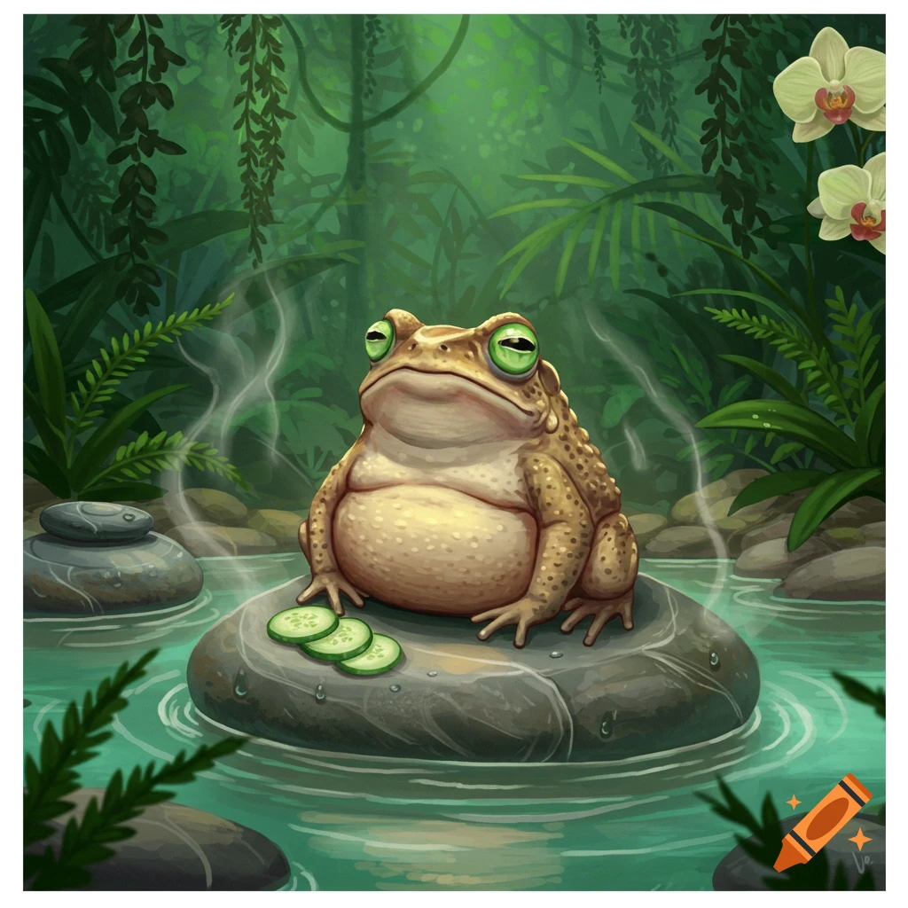 A contented cartoon cane toad with green eyes relaxes on a rock in a spa pool with cucumber slices, surrounded by lush jungle foliage.