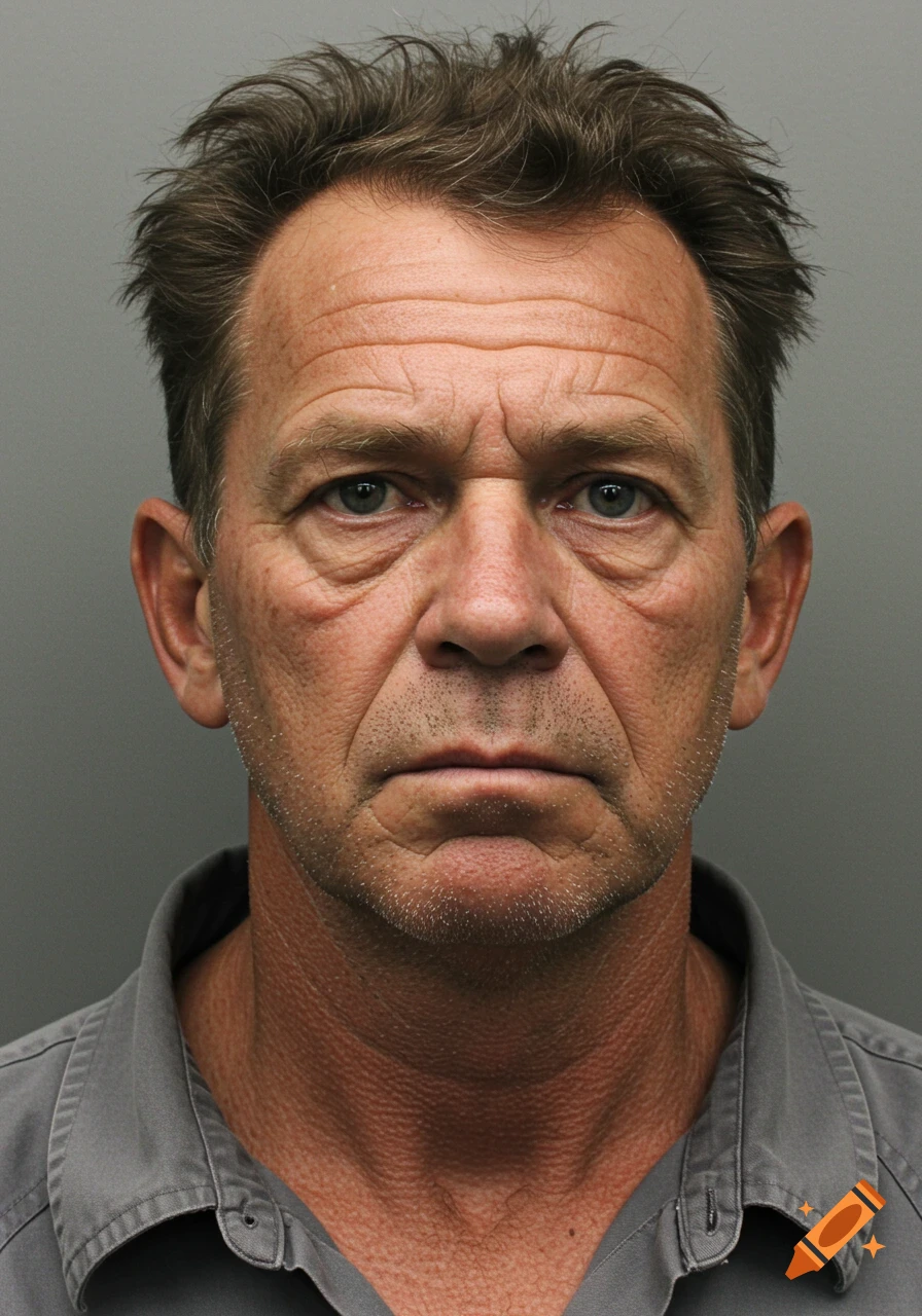 A close-up mugshot portrait of a serious middle-aged man with short brown hair and a grey collared shirt against a plain grey background.