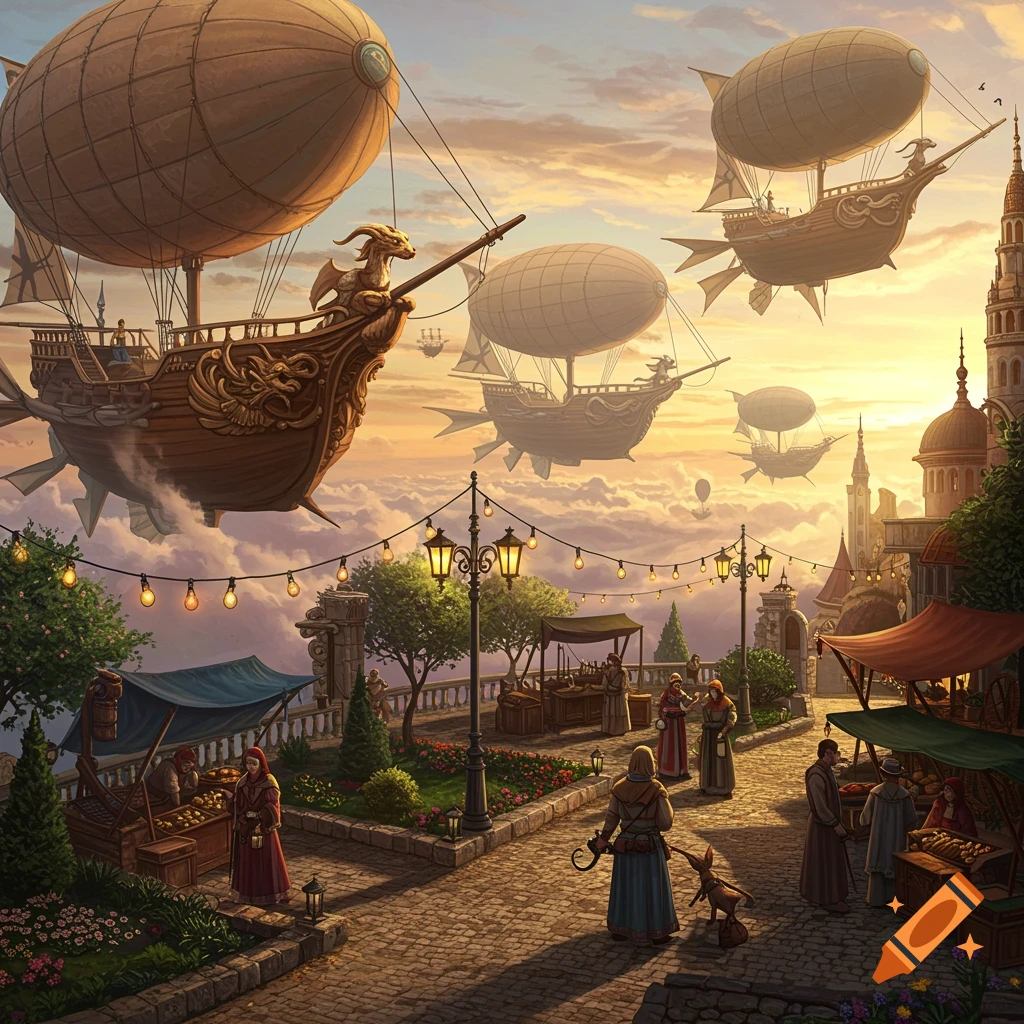 A vibrant fantasy airship market above clouds at sunset, with ornate airships, people, and stalls on a cobblestone path.