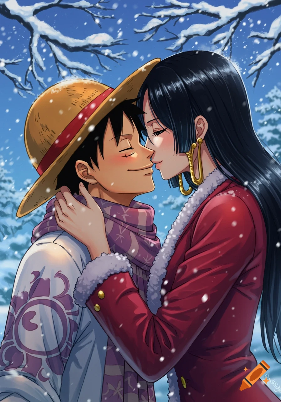 Anime style illustration of Luffy and Boa Hancock embracing in a snowy forest, about to kiss.