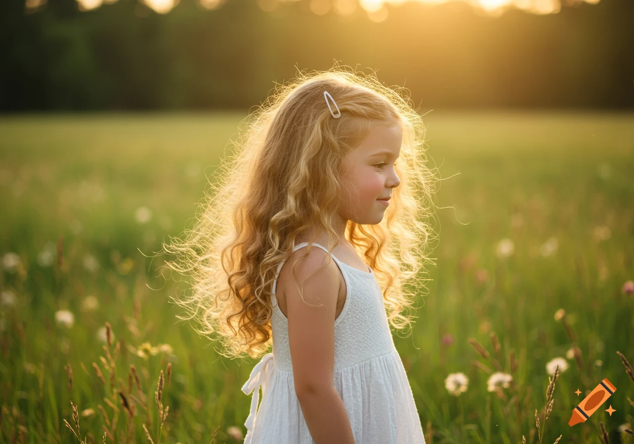 A young girl with long, curly blonde hair stands in a sunny field at sunset, looking to the right. Photorealistic.