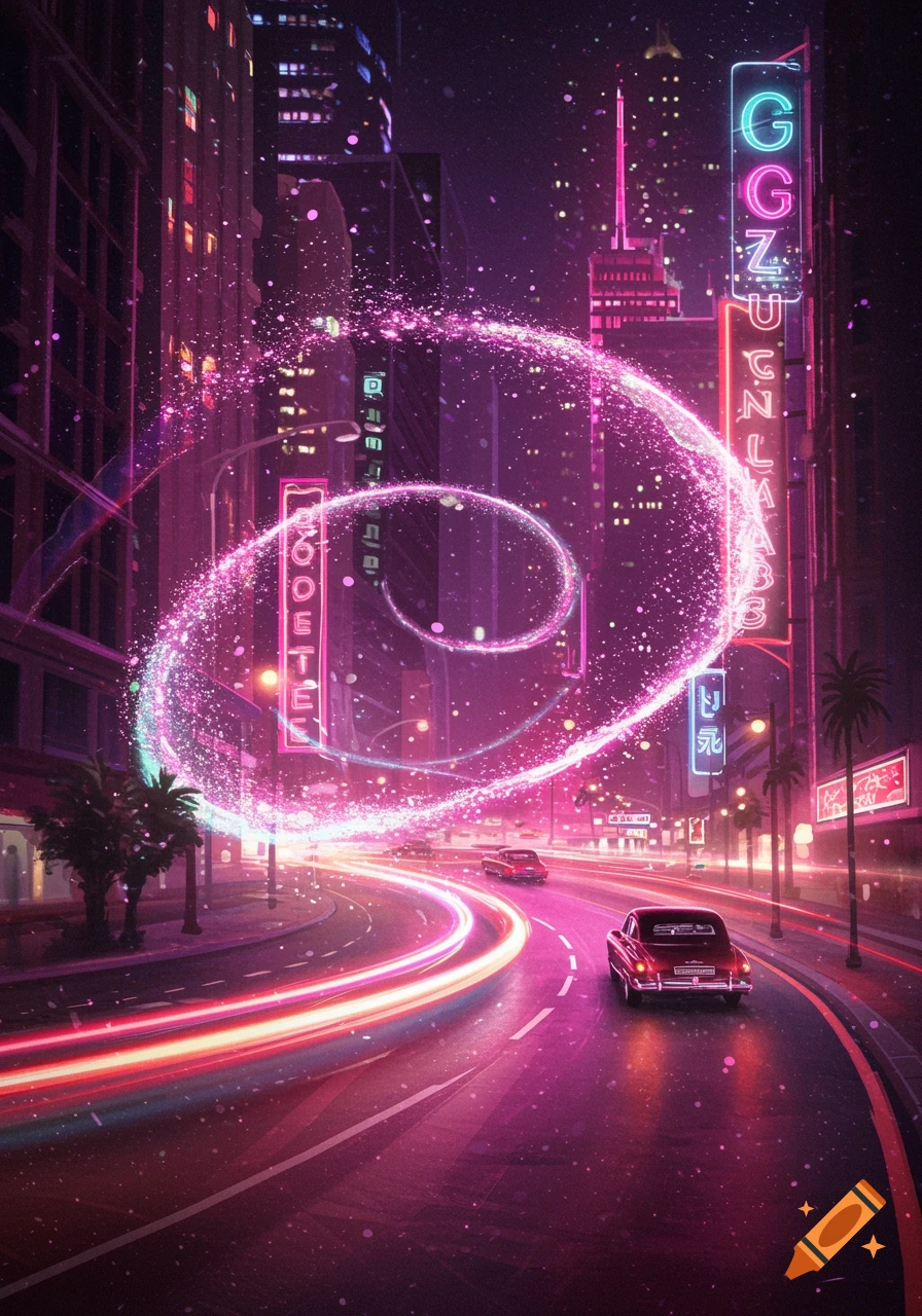 A vibrant cyberpunk cityscape at night, featuring neon signs, car light trails, and a swirling pink energy vortex.