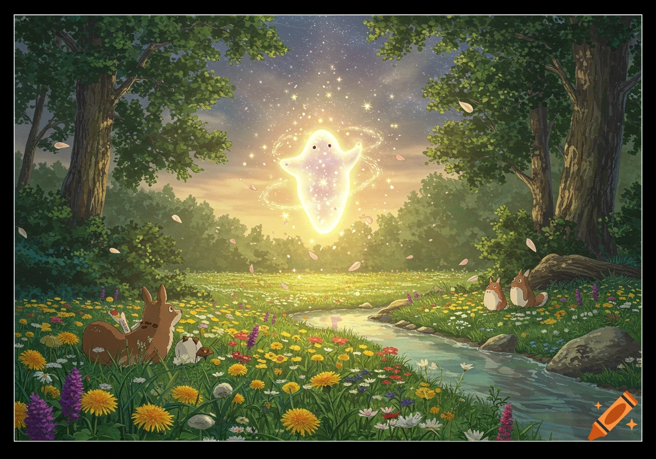A glowing, ethereal, white spirit floats over a vibrant, sun-drenched meadow filled with colorful wildflowers and a winding stream. Two small, furry forest creatures watch from the right bank, while another lies in the grass on the left, in a Studio Ghibli style.