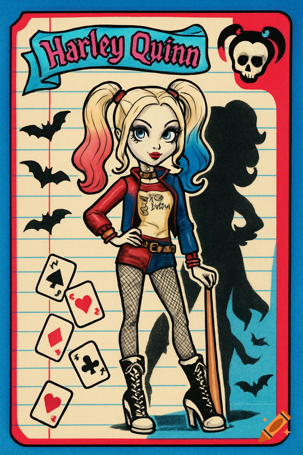 A Monster High-style character card featuring a doll-like Harley Quinn in her Suicide Squad outfit, holding a bat, on a lined notebook background with playing cards and bats.