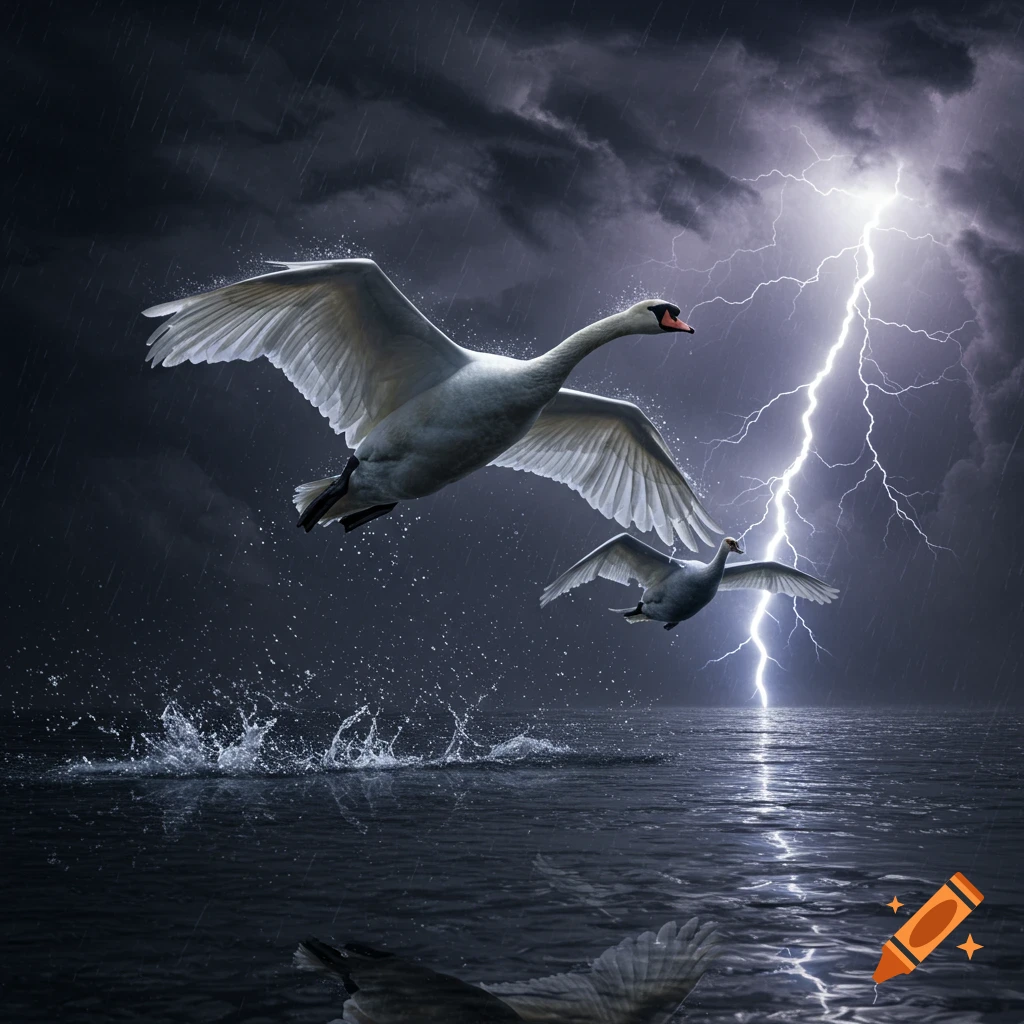 Two white swans fly above dark water in a dramatic storm with lightning and heavy rain.
