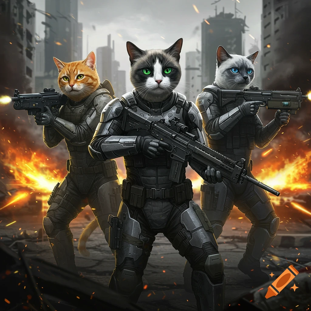 Anthropomorphic cats in futuristic military armor, wielding laser guns ...