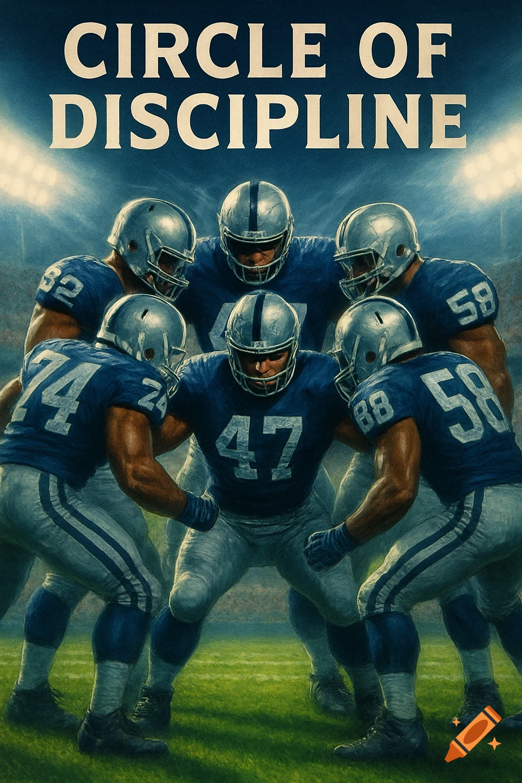 A group of football players in blue and silver uniforms huddle on a green field under stadium lights, with the words "CIRCLE OF DISCIPLINE" above them in a digital painting style.