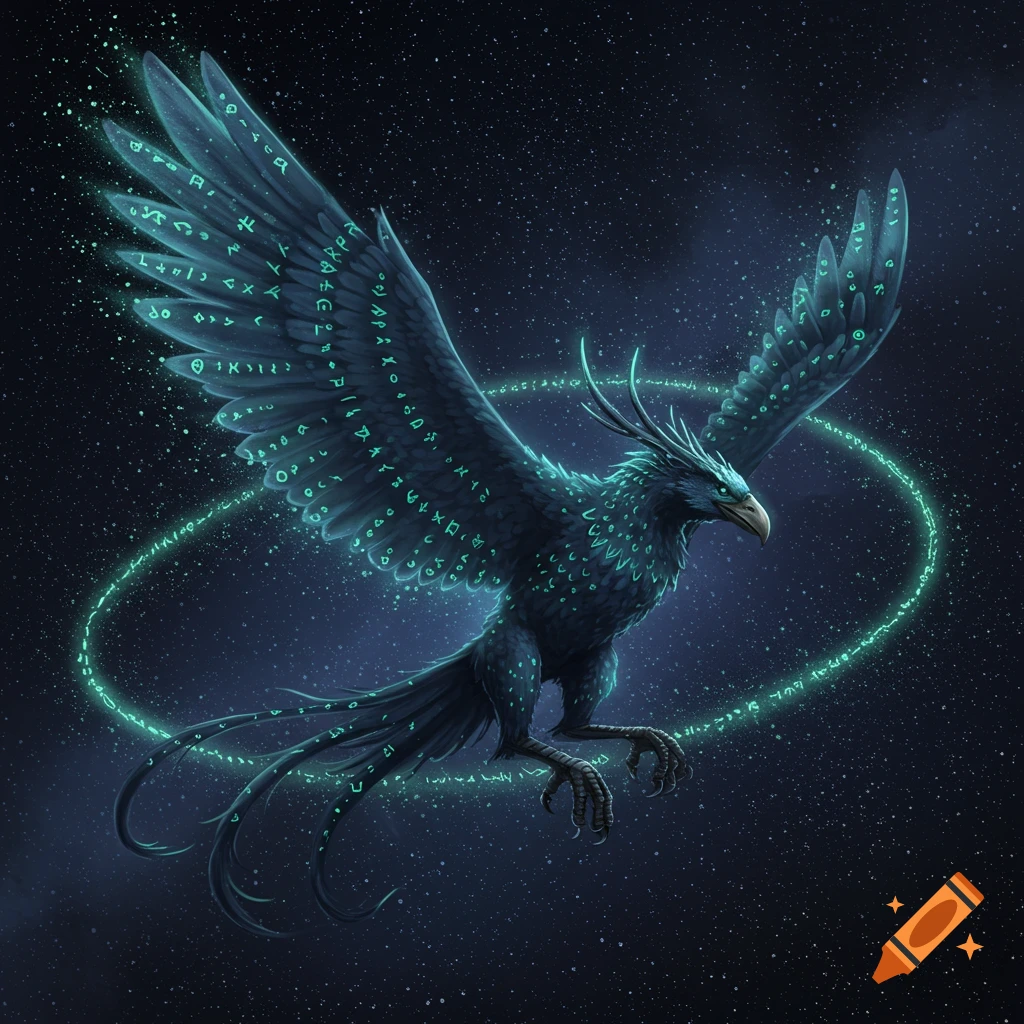 A large dark blue roc covered in glowing teal runes flies against a starry night sky, with a glowing ring encircling it.