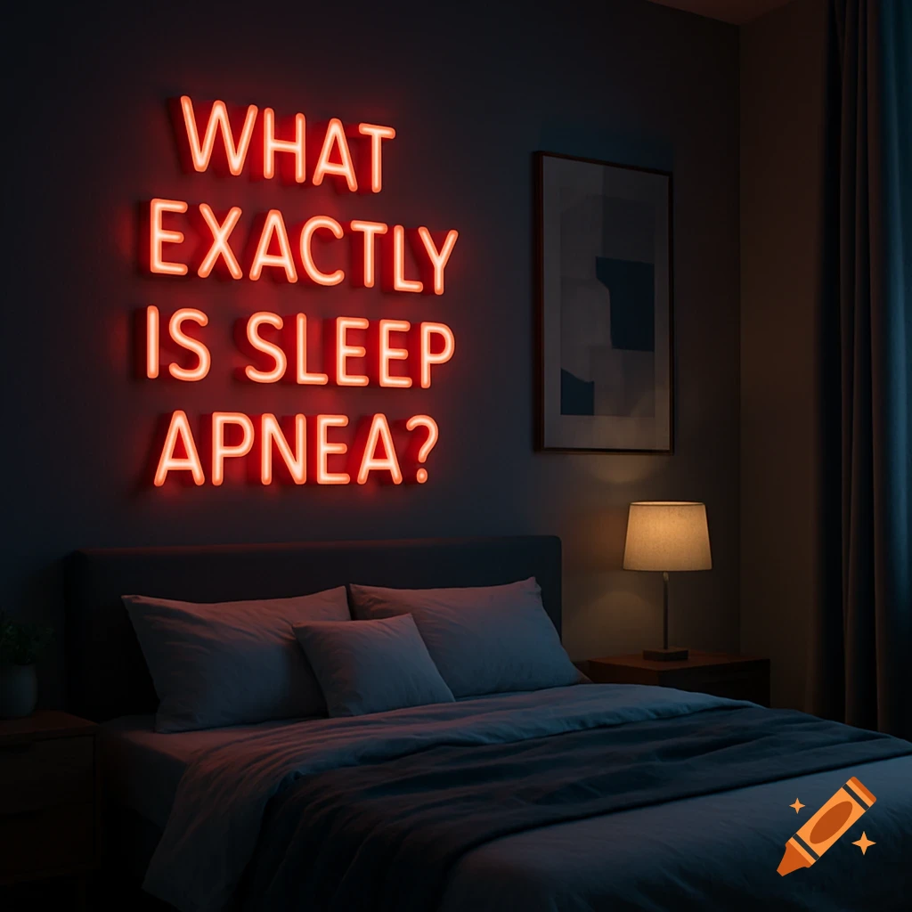 A dimly lit bedroom features a red neon sign on the wall asking 'WHAT EXACTLY IS SLEEP APNEA?' above a bed.