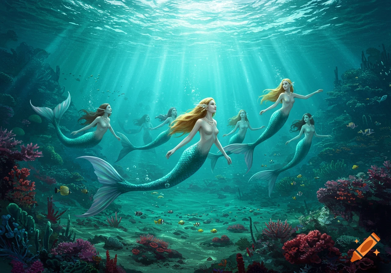 Mermaids with long hair and teal tails swim through a vibrant underwater coral reef with sunlight rays.