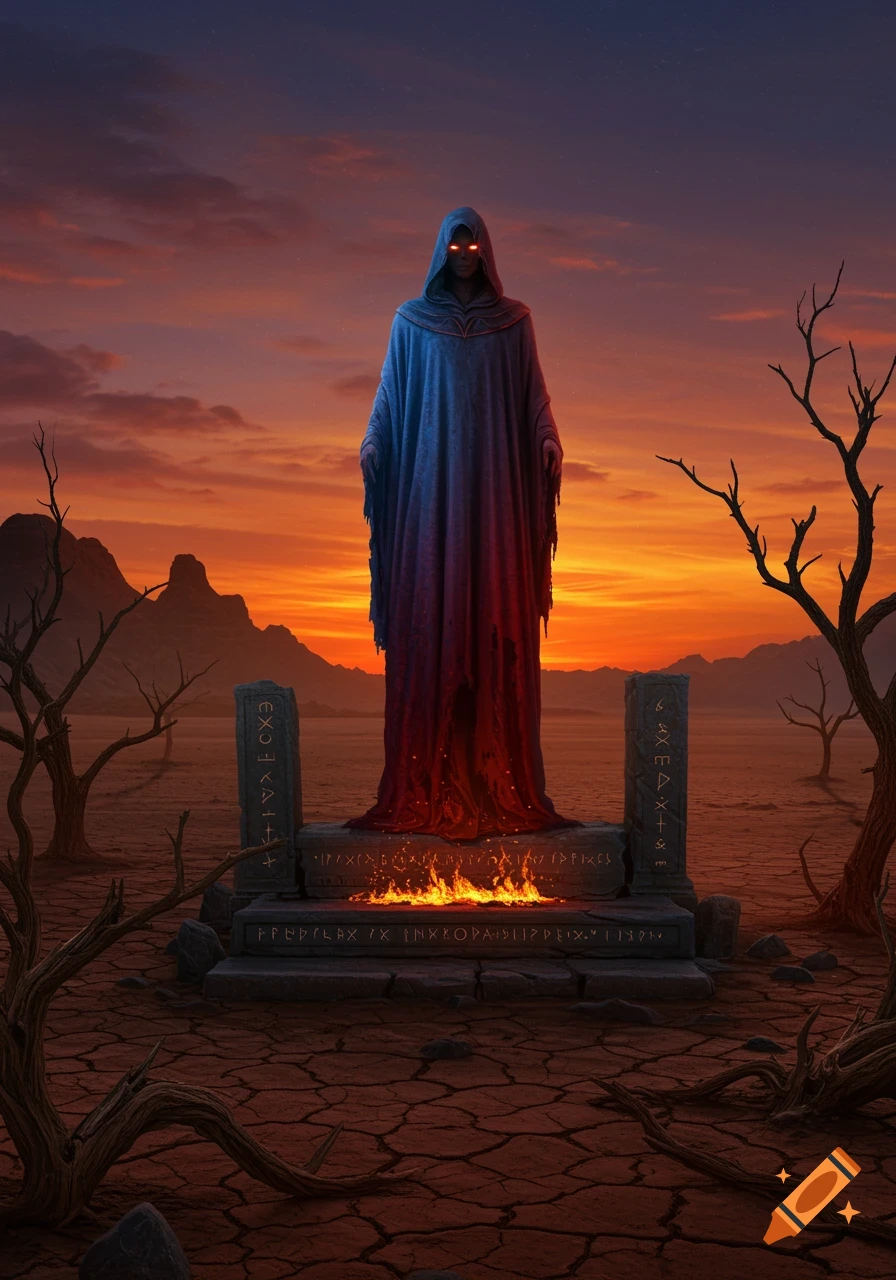 A robed figure with glowing red eyes stands on a stone altar with fire, in a desolate landscape under an orange sunset.
