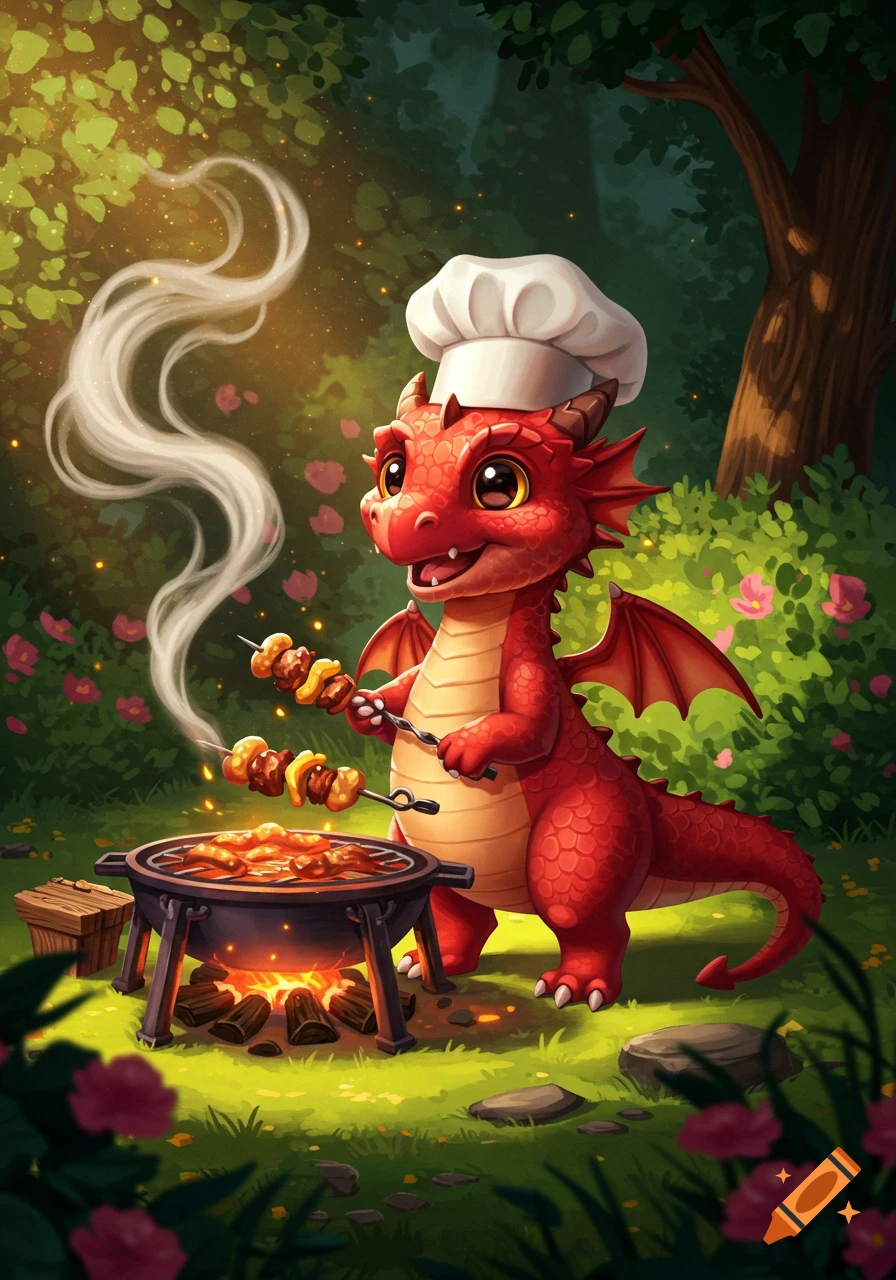 A cute red cartoon dragon wearing a chef's hat cooks food on a barbecue grill in a vibrant green forest setting.