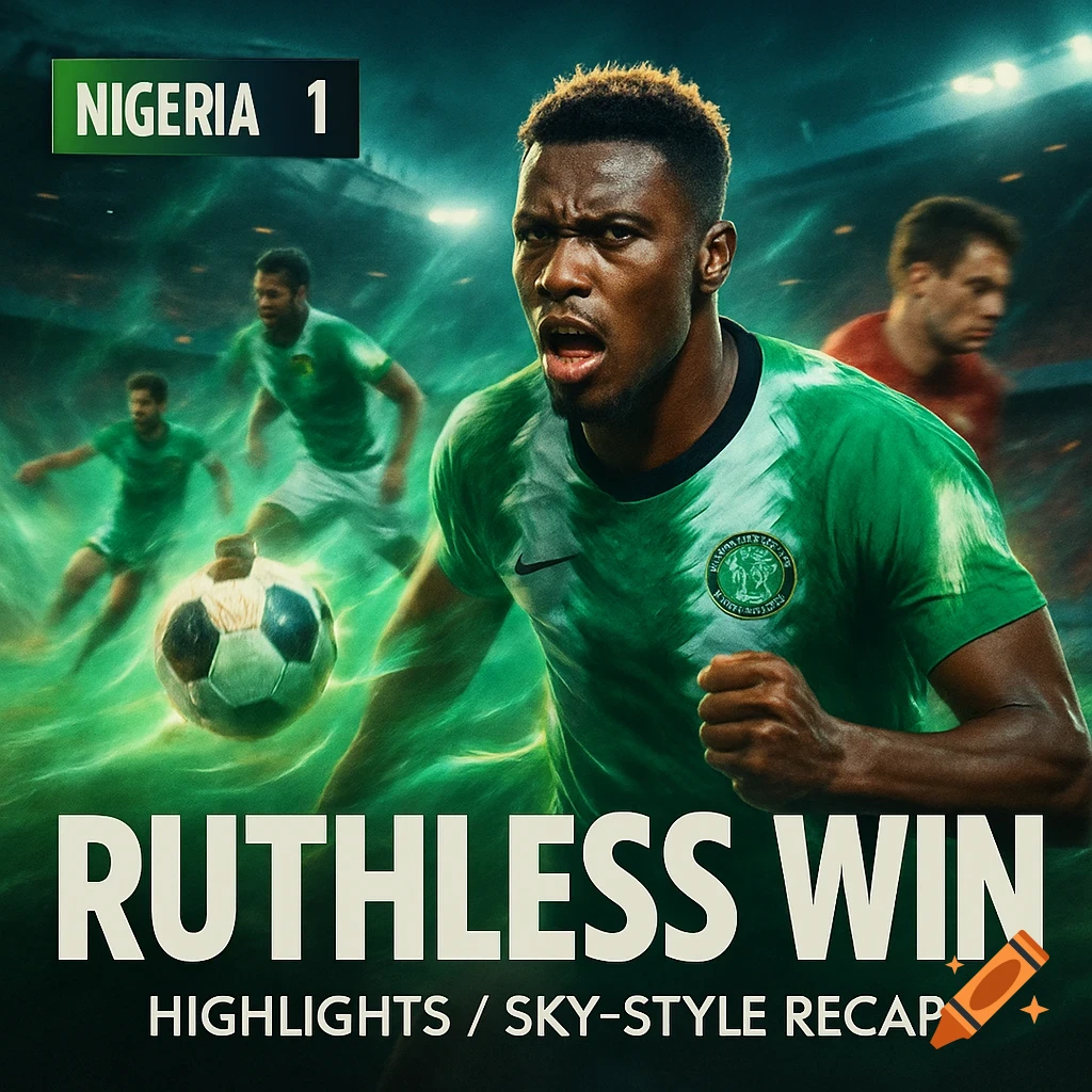 An intense-looking soccer player in a green jersey runs forward on a glowing green field, with other blurred players in the background. The text 'NIGERIA 1', 'RUTHLESS WIN', and 'HIGHLIGHTS / SKY-STYLE RECAP' overlays the image, in a dynamic, cinematic style.