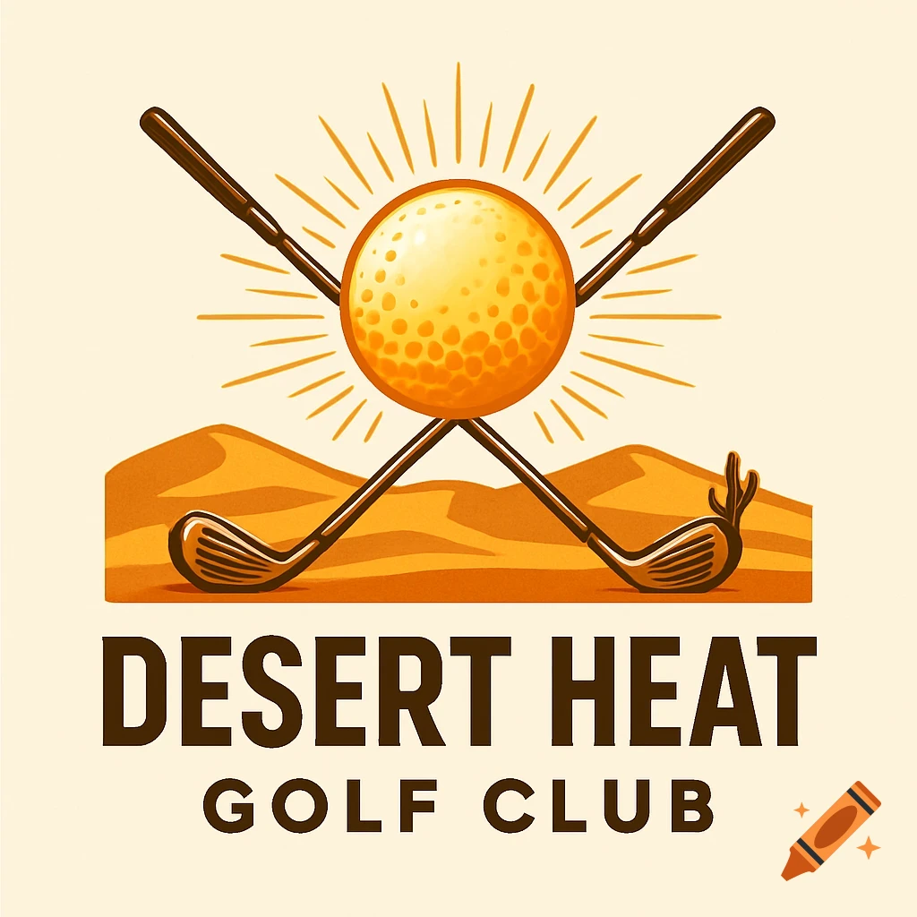 An illustrative logo for Desert Heat Golf Club, featuring a golf ball as a sun, crossed golf clubs, and desert dunes.