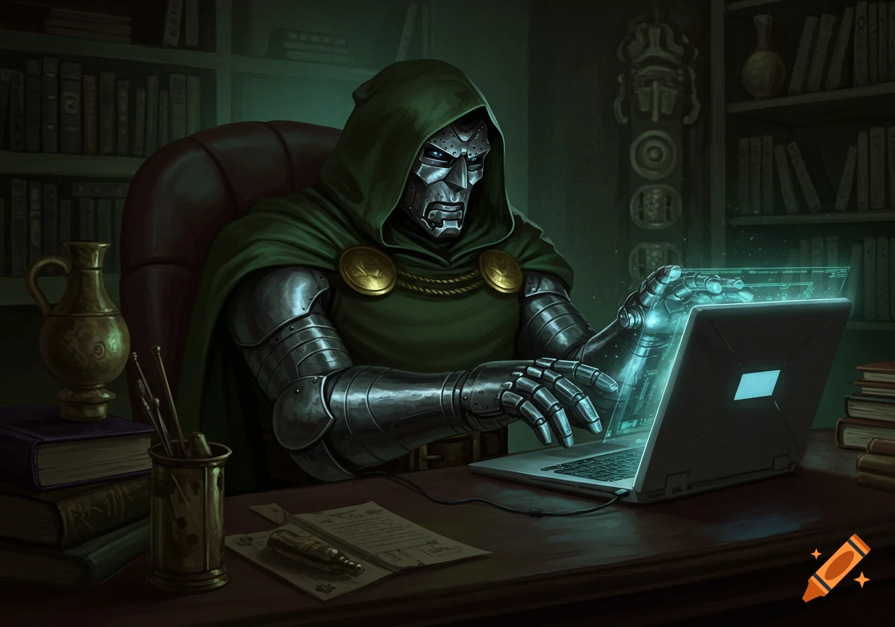 Doctor Doom in his green cloak and metal armor, sitting at a wooden desk with a laptop, library bookshelves in the background.