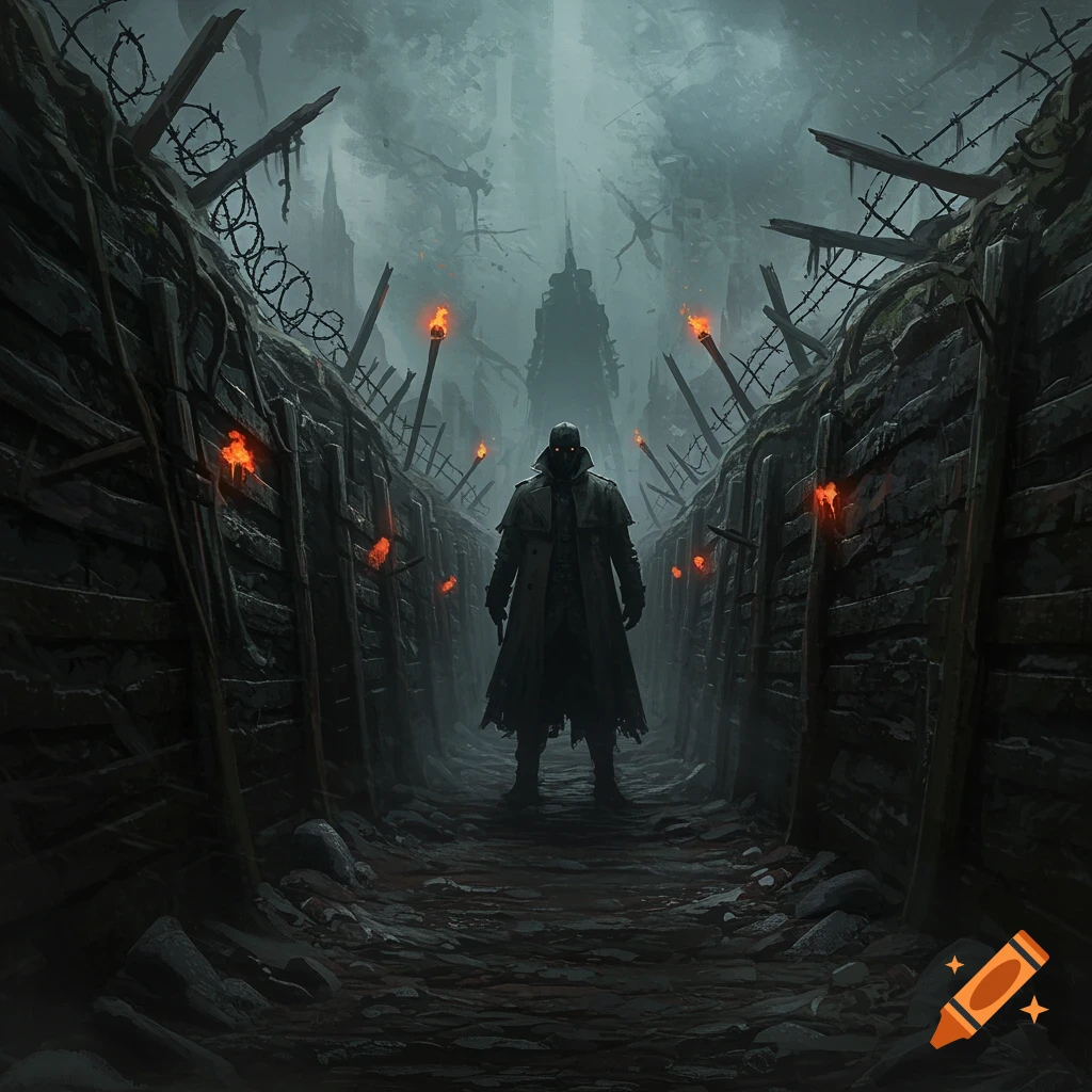A cloaked figure with glowing red eyes stands in a dark, barbed-wire-lined trench, illuminated by torches, with a looming structure in the misty background.
