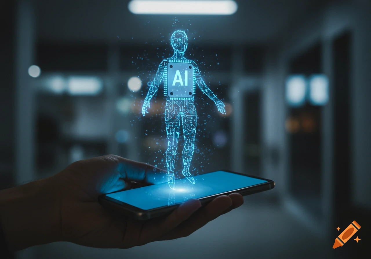 A hand holds a smartphone with a glowing blue digital human figure, marked AI, emerging from the screen.