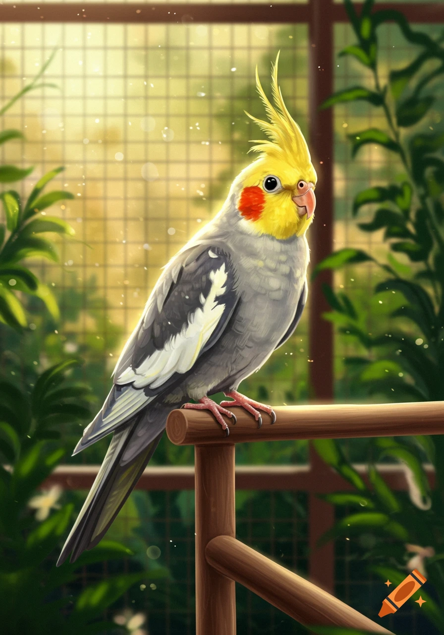 A vibrant digital illustration of a grey and yellow cockatiel perched on a wooden branch, with green plants and sunlight in the background.