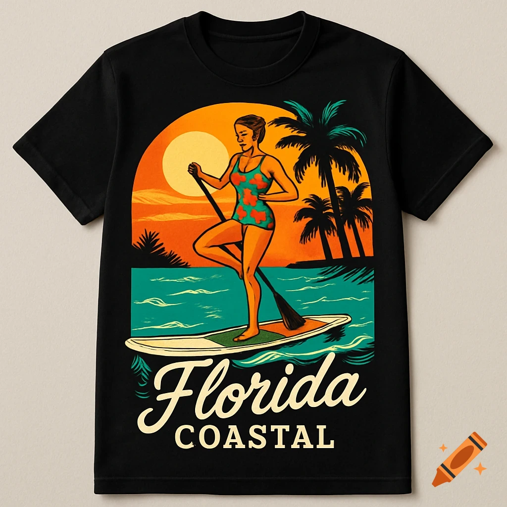 Black t-shirt with a vintage-style illustration of a woman paddleboarding at sunset with palm trees and "Florida Coastal" text.