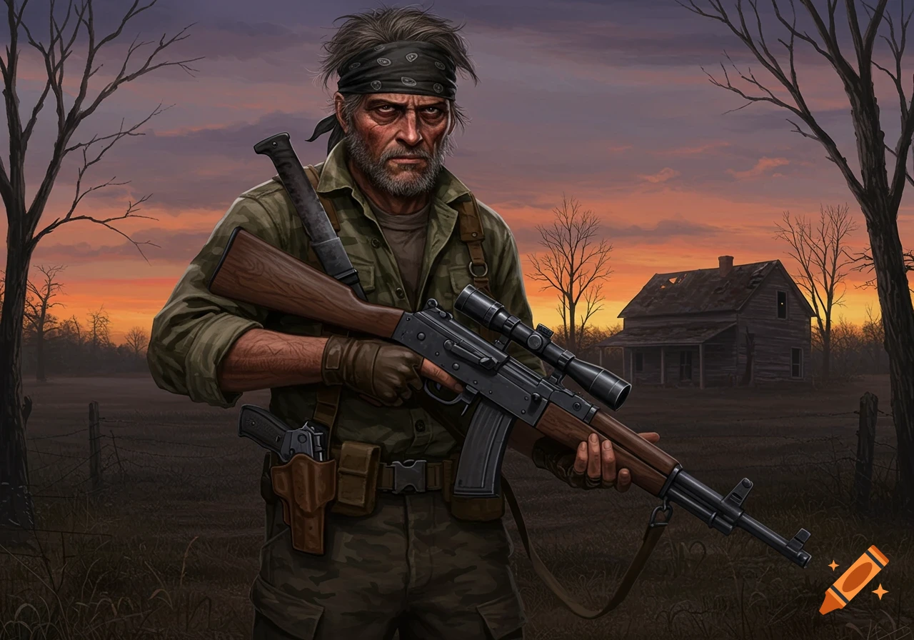A digital painting of a rugged, bearded man in military fatigues and a bandana, holding a rifle and pistol, standing in a desolate rural landscape with bare trees and a dilapidated house at sunset.