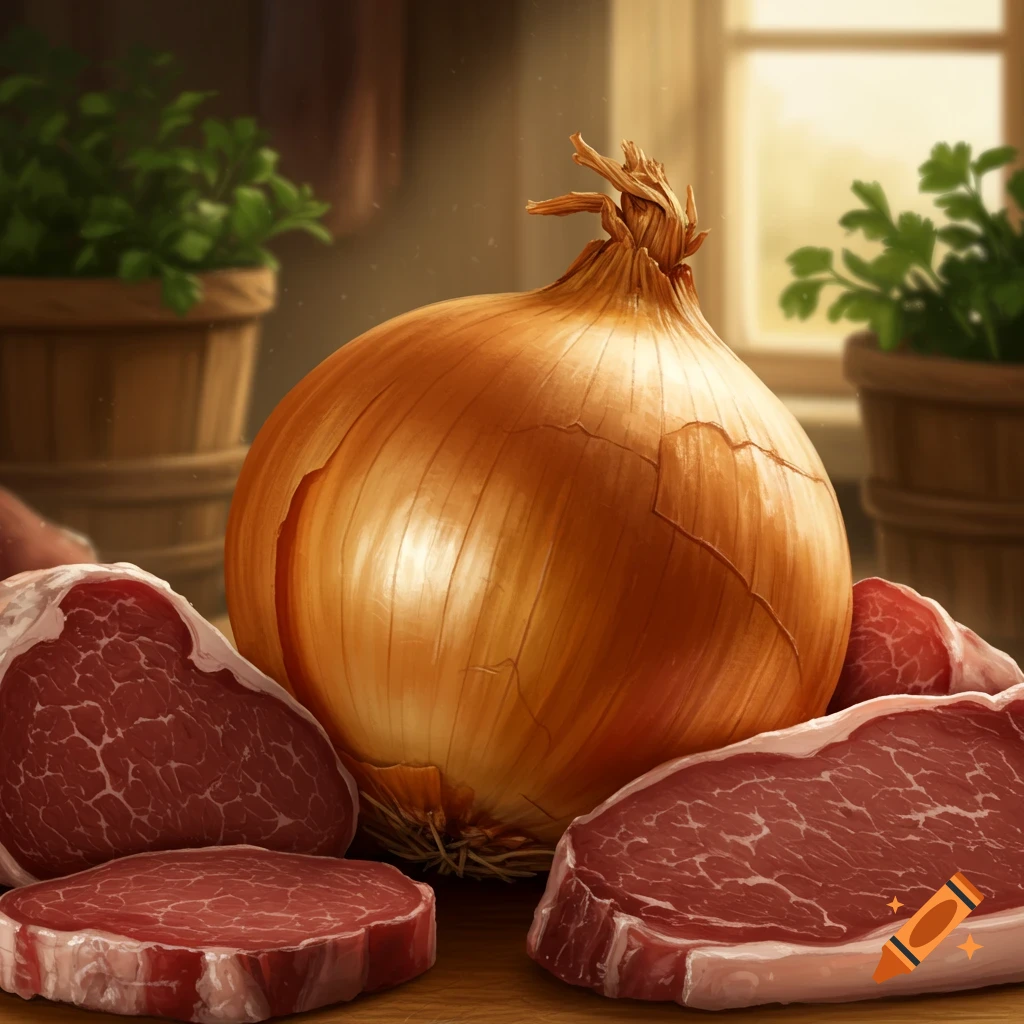 A large golden onion surrounded by raw red meat cuts on a wooden table, with potted plants and a window in the background.