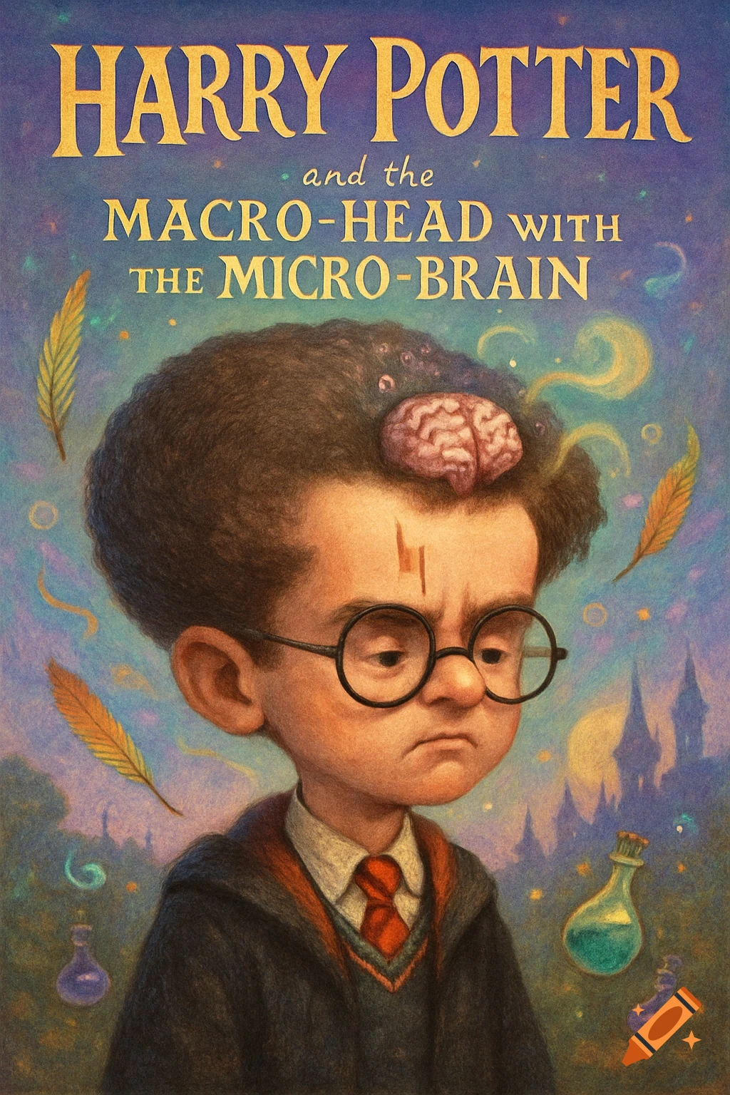 An illustration of a Harry Potter caricature on a book cover titled 'Harry Potter and the Macro-Head with the Micro-Brain'.