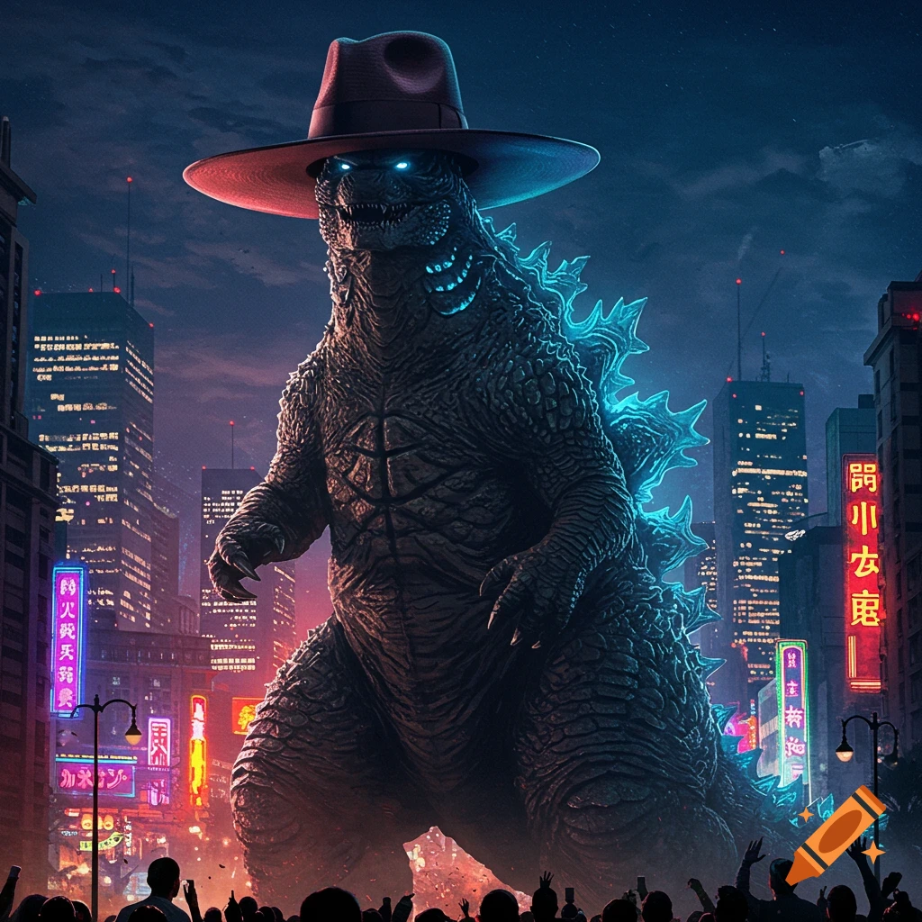 Giant Godzilla wearing a fedora stands in a neon-lit futuristic city at night, with crowds looking up.