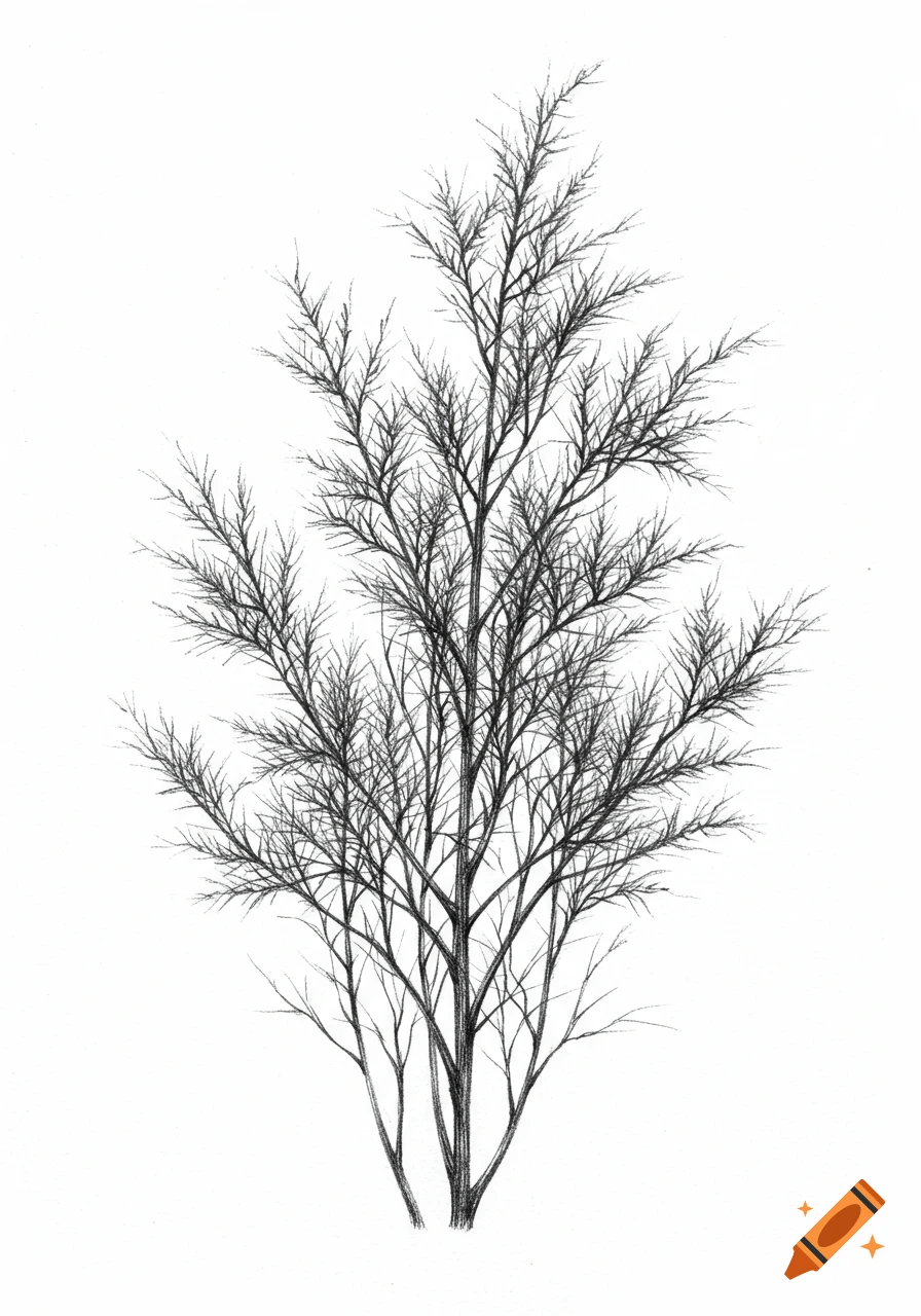 A black and white pencil drawing of a bare shrub with many fine branches on a white background.