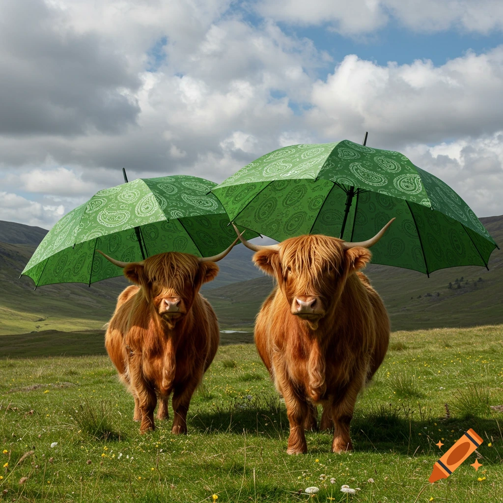Two furry Highland cows stand in a grassy field under large green patterned umbrellas, with a cloudy sky and mountains in the background.