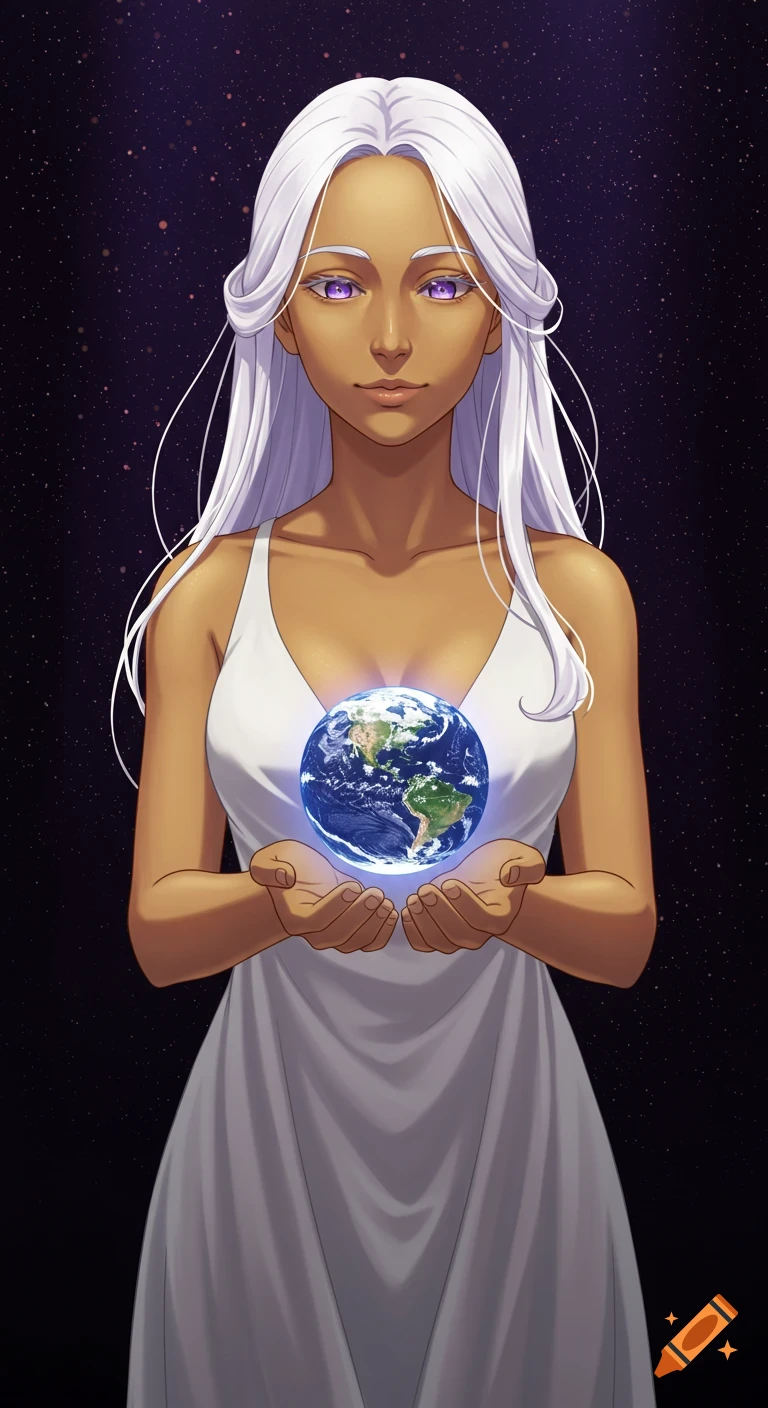 An anime-style woman with white hair and purple eyes in a white dress holds a glowing Earth in her hands against a starry dark background.