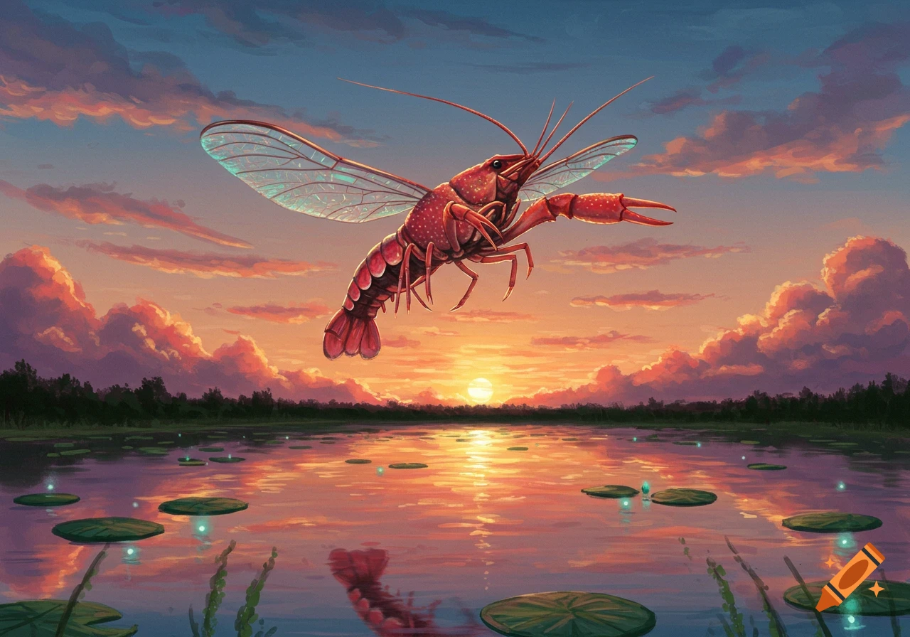 A winged red crayfish flies over a tranquil lake at sunset, with a vibrant sky and glowing lily pads.