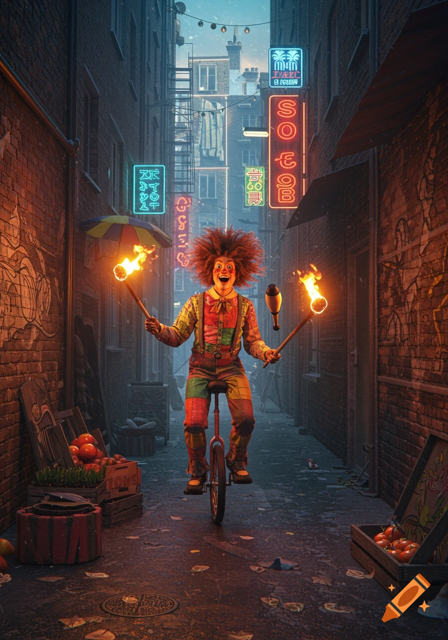 A clown on a unicycle juggles flaming torches in a dark, neon-lit city alley with brick walls and graffiti.